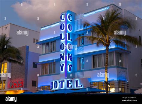 Miami Beach Florida Usa Facade Of The Colony Hotel Illuminated By