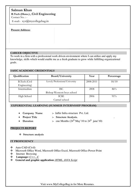 Engineering Fresher Resume Format Templates At