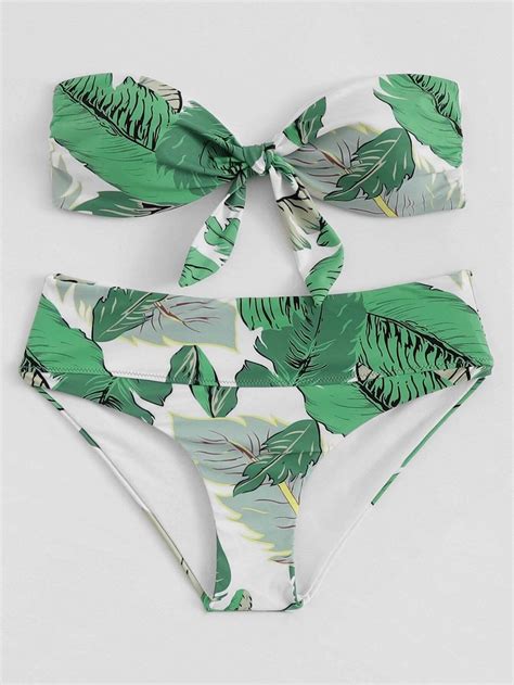 Green Leaf Print Knot Tie Twist Bandeau Swimsuit With Bikini Bottom