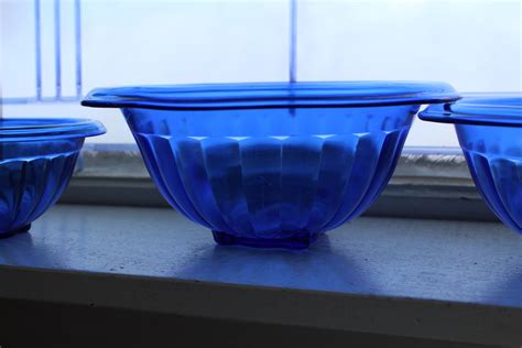 Trio Of Hazel Atlas Cobalt Blue Glass Mixing Bowls Ribbed Optic 1930s