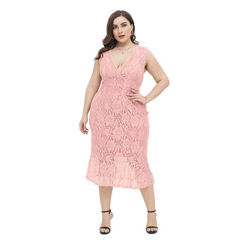 Plus Size V Neck Sleeveless Lace Dress In Pink Affordable