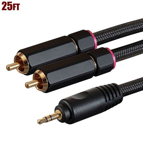 25ft 3 5mm 1 8 trs male to 2 rca male y adapter splitter audio cable braid gold