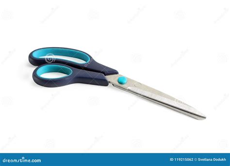 Modern Scissors With Plastic Handles Isolated On White Stock Photo