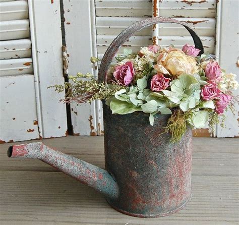 Spring Dried Flowers In Rustic Watering Can Shabby Cottage Etsy