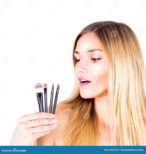 Young Woman Is Holding Cosmetic Brushes Make Up Stock Photo Image Of