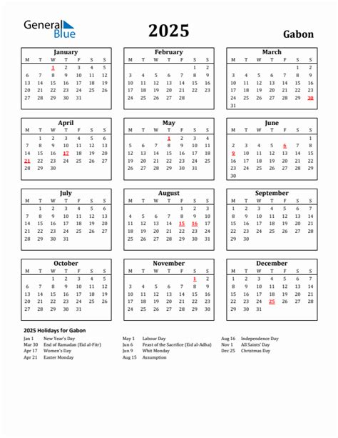 2025 Holiday Calendar For Gabon Monday Start