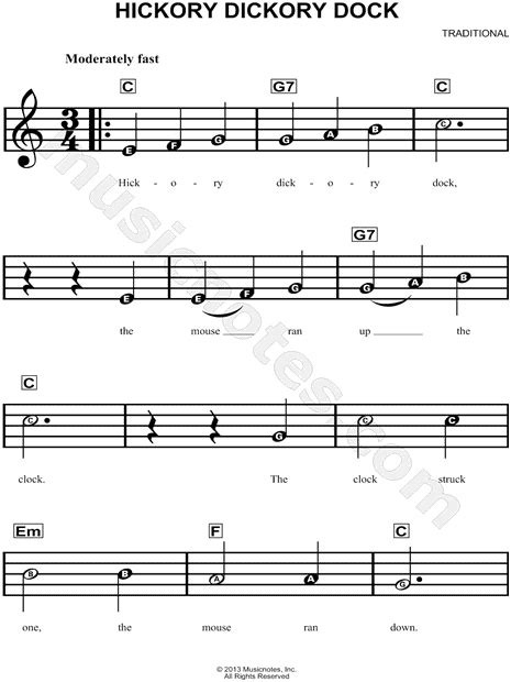 traditional hickory dickory dock sheet music for beginners in c major download and print sku