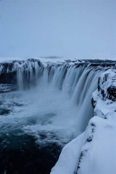 Panoramic Snowy Winter View Of Godafoss Waterfall Of The Gods Cascade