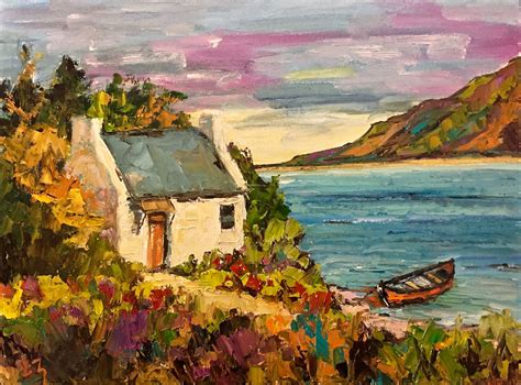 Scottish Cottage And Boat Original 9 X 12 Inch Oil Painting By Liz