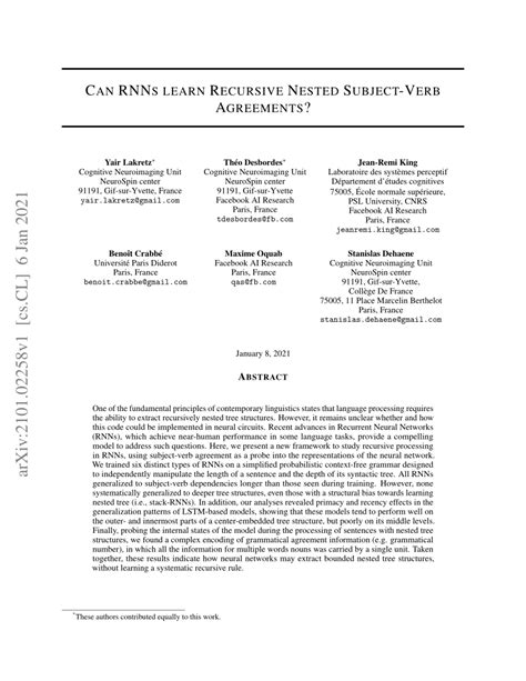 Pdf Can Rnns Learn Recursive Nested Subject Verb Agreements