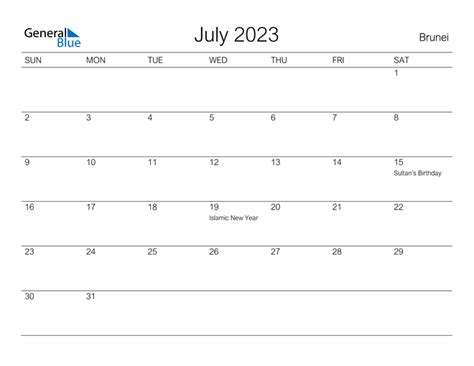 Brunei July 2023 Calendar with Holidays