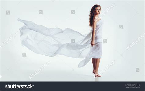 Portrait Naked Woman Wrapped White Fabric Stock Photo Edit Now 307051442