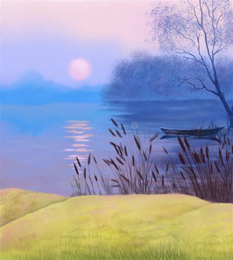 Evening Landscape By The River At Sunset With A Boat And Reeds Stock
