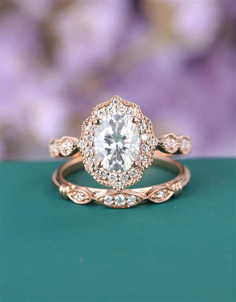 Vintage Engagement Ring Rose Gold Antique Art Deco Moissanite Oval