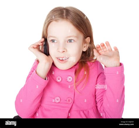 Portrait Of Surprised Little Girl With Cell Phone Isolated On White