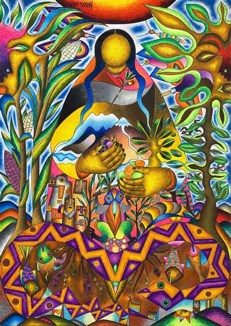 Los guaraníes estaban familiarizados con las condiciones medicinales de la ruda que se usa para controlar parásitos, dolores de estómago e irritación por picaduras de incesto. Mother Earth - Pachamama Pastel by Mamani Mamani