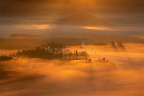 Sunrise Over Misty Landscape Scenic View Of Foggy Morning Sky With
