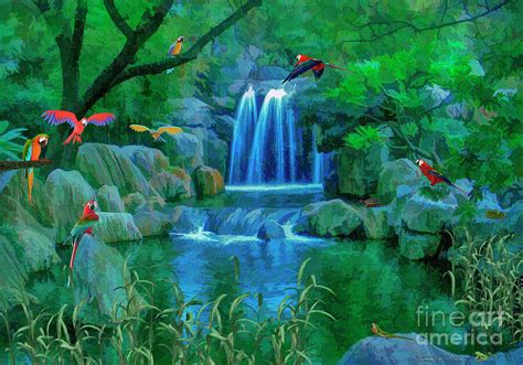 Jungle Water Falls And Parrots Digital Art By Walter Colvin Fine Art