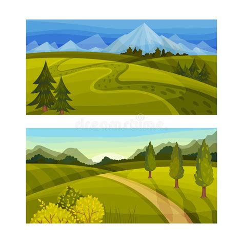 Beautiful Summer Landscape Set Scenic Nature Scenes With Green Hills