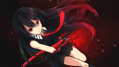 Enjoy the beautiful art of anime on your screen. Wallpaper : long hair, anime girls, weapon, red eyes, sword, Akame ga Kill, darkness, computer ...