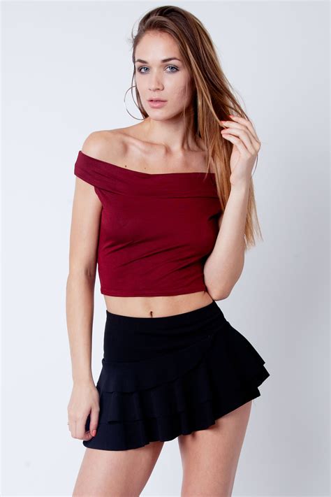 Up to 30% off street styles. Wine Bardot Off Shoulder Bandeau Crop Top | Fashion | Modamore
