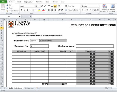 Debit Note Excel Sheet
