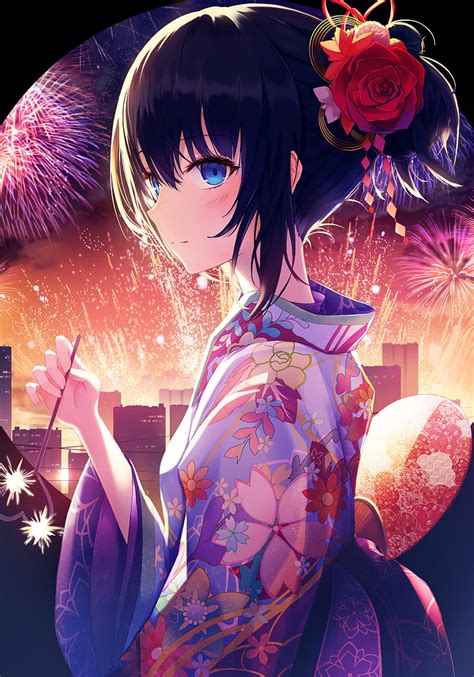 Kimono Girl Firework Cute Girl Anime Hd Wallpaper Peakpx