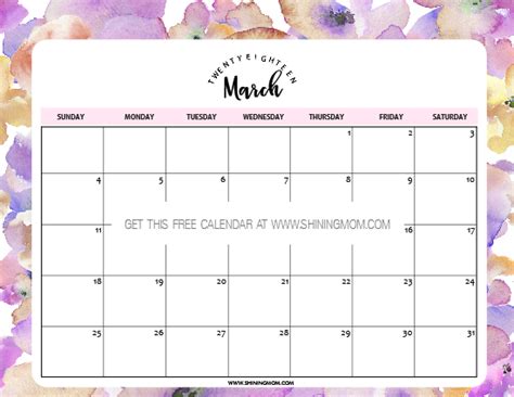 Free Printable March 2018 Calendar 12 Awesome Designs