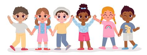 Cartoon Kindergarten Multicultural Kid Friends Hold Hands Happy Child