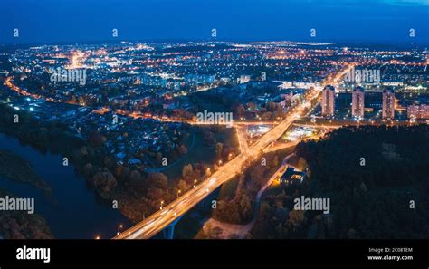 Grodno Belarus Night Aerial Birds Eye View Of Hrodna Cityscape