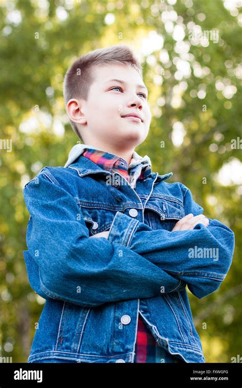 Confident Young Boy Standing Field Park Resting Enjoying Happy Air