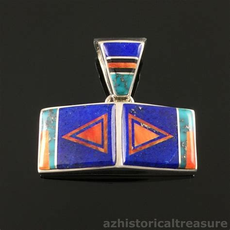 Navajo Handmade Sterling Silver Multi Stone Inlay Pendant By Calvin