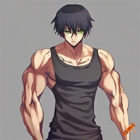 Muscular Yet Skinny And Tall Anime Boy In A Black Tank Top