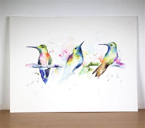 Hummingbirds On Branch Original Watercolor Painting Birds Etsy Bird