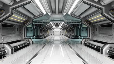 Sci Fi Space Station Corridor Or White Futuristic Spaceship Interior 3d Illustration Stock