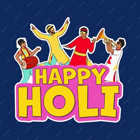 Premium Vector Sticker Style Happy Holi Font With Cheerful Young Men