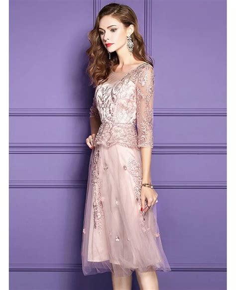 Pink Lace Knee Length Formal Dress For Wedding Guests With Sleeves ZL GemGrace Com