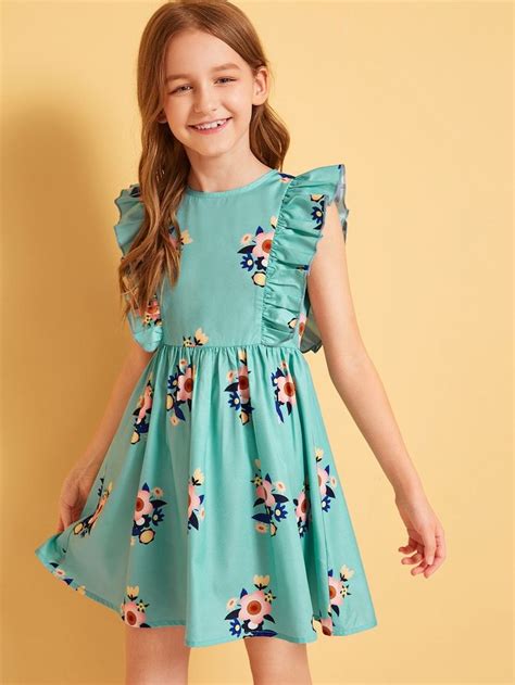 Girls Ruffle Armhole Floral Print Flare Dress Kids Frocks Design