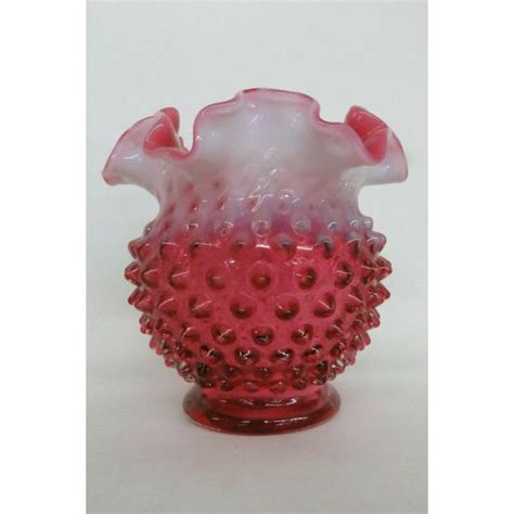Fenton Cranberry Glass Opalescent Pink Hobnail Ruffled Vase Chairish