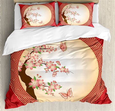 House Decor Duvet Cover Set Oriental Cherry Blossom With Butterflies In