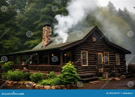 Cozy Log Cabin With Smoke Wafting Out Of Chimney Stock Image Image Of