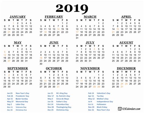 2019 Printable Calendar 123calendars Qualads