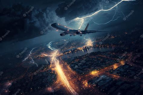 Premium Photo Airplane Takes Of During Thunderstorm Lightning Strikes