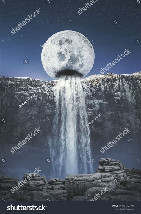 Surreal Moon Waterfall Photo Manipulation Stock Photo 1433100404