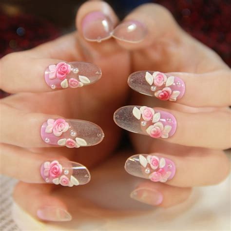 Clear Long Fake Nail Tips Pink 3d Rose Flower French Nails Diy Nail Art