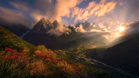 Nature Landscape Fall Shrubs Mountains Himalayas Tibet Sunset Clouds