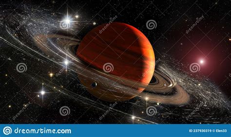 Saturn Planet With Rings In Outer Space Among Star Dust And Srars
