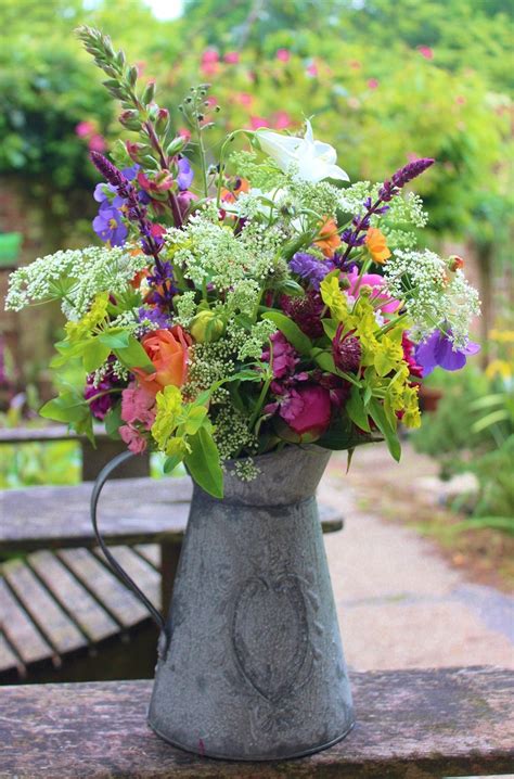 Early Summer Mixed Bouquet In Metal Jug Wild Floral Arrangements