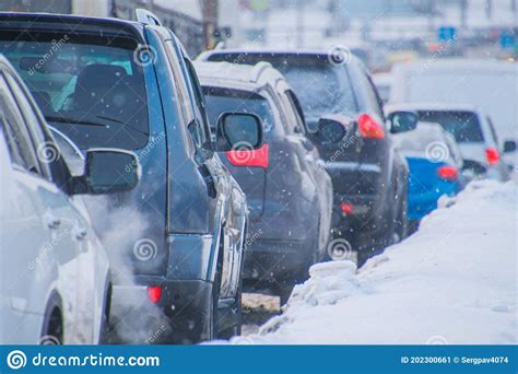 Cars In A Traffic Jam In Winter Stock Image Image Of Blizzard