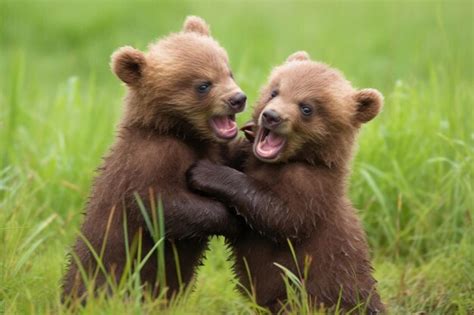 Premium Ai Image Twin Brown Bear Cubs Playfully Wrestling In A Grassy